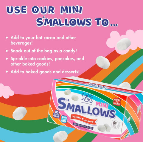 Guiltfree Choc Zero waniliowe mini pianki marshmallow bez cukru w kolorowym opakowaniu na tle tęczy