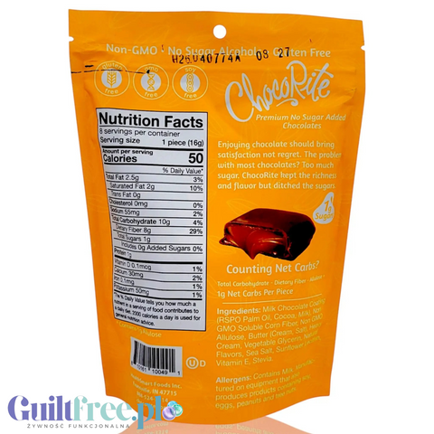 Tylna strona opakowania czekoladek Guiltfree ChocoRite z tabelą wartości odżywczych i informacją o 50 kcal w porcji.