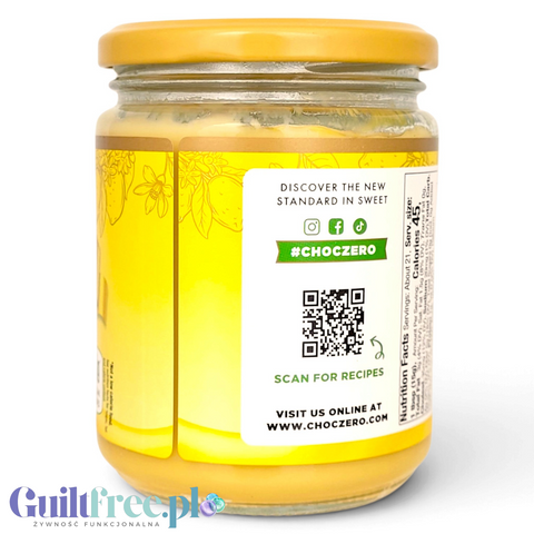 Guiltfree ChocZero Lemon Curd w szklanym słoiku z etykietą zawierającą kod QR i informacje żywieniowe