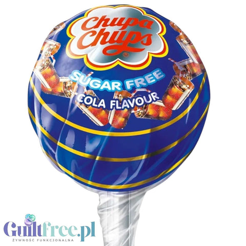 Lizak Guiltfree Chupa Chups bez cukru o smaku coli w niebieskim opakowaniu z grafiką szklanek napoju