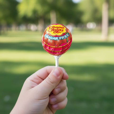 Lizak Guiltfree Chupa Chups bez cukru o smaku truskawkowym trzymany w dłoni na tle zielonego parku