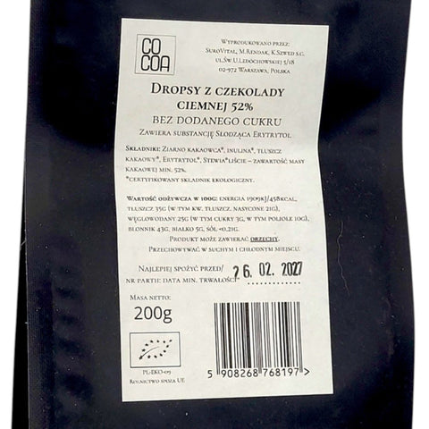 Ciemna czekolada 52% w dropsach Guiltfree bez cukru, słodzona erytrytolem i stewią, w czarnym opakowaniu 200g.