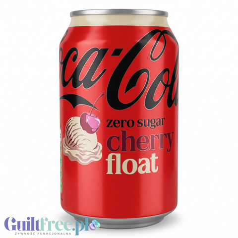 Puszka napoju Guiltfree Coca-Cola Zero Sugar Cherry Float o pojemności 330ml z grafiką wiśni i lodów