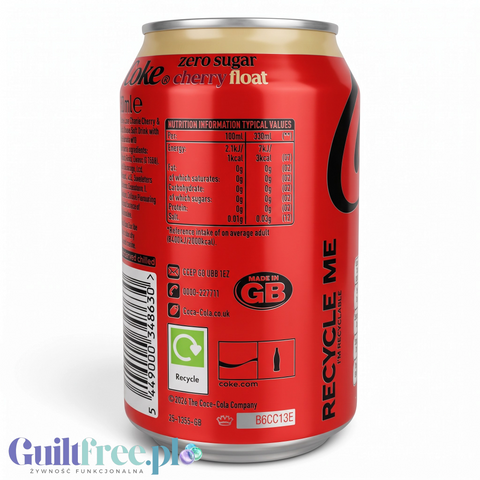 Puszka napoju Guiltfree Coke Zero Cherry Float 330ml z informacjami o wartościach odżywczych na tylnej stronie