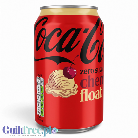 Puszka napoju Guiltfree Coke Zero Cherry Float o smaku wiśniowym z lodami, 330ml, bez cukru i kofeiny.