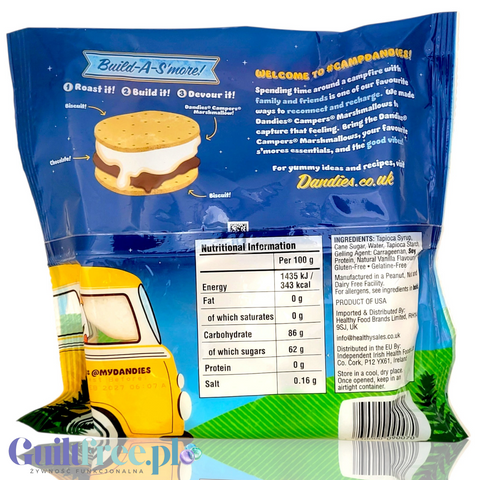 Tył opakowania wegańskich pianek Dandies Jumbo Marshmallows marki Guiltfree z tabelą wartości odżywczych