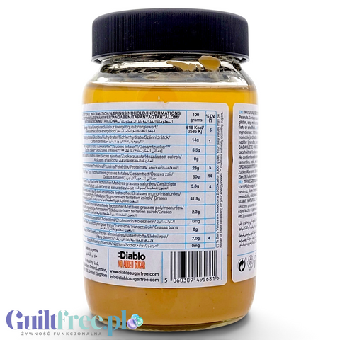 Słoik Guiltfree Diablo Peanut Butter Smooth z etykietą zawierającą tabelę wartości odżywczych i skład 100% orzeszków.