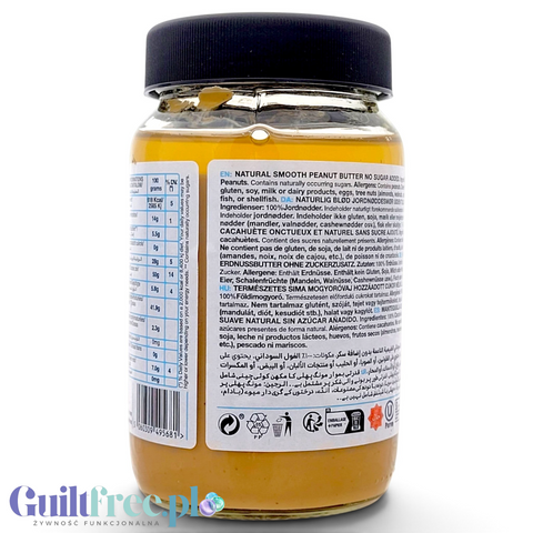 Słoik Guiltfree Diablo Peanut Butter Smooth z etykietą zawierającą informacje o składzie i wartościach odżywczych.