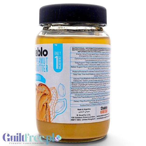 Słoik Guiltfree Diablo Peanut Butter Smooth z tabelą wartości odżywczych na etykiecie i widocznym masłem orzechowym.