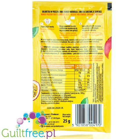 Tył opakowania galaretki bez cukru Emix Fit o smaku mango i marakui z Guiltfree z instrukcją przygotowania i składem