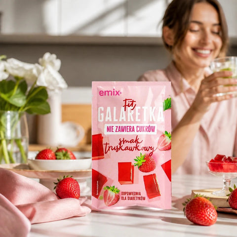 Guiltfree galaretka truskawkowa Emix Fit bez cukru w różowym opakowaniu na stole ze świeżymi truskawkami