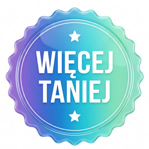 Okrągła etykieta promocyjna Guiltfree z napisem Więcej Taniej w kolorach gradientu od fioletu do turkusu