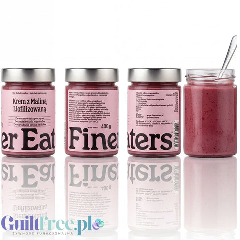 Guiltfree Finer Eaters krem malinowy bez cukru w słoikach z widoczną gładką konsystencją i etykietą produktu