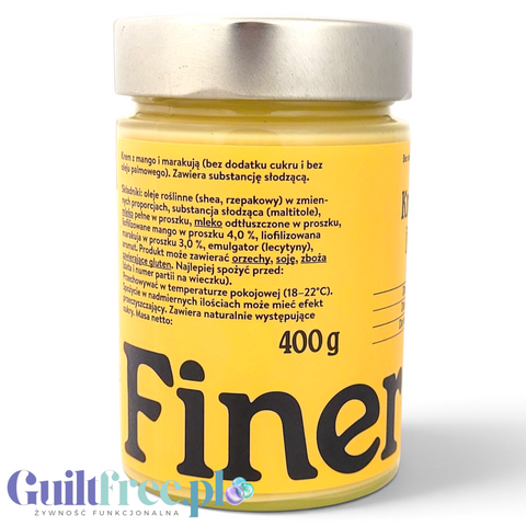 Słoik kremu Guiltfree Finer Eaters z mango i marakują bez cukru, z widoczną etykietą i składem produktu.