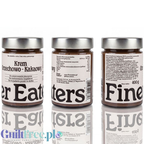 Guiltfree Finer Eaters krem orzechowo-kakaowy bez cukru w szklanym słoiku 400g z widoczną etykietą i odbiciem
