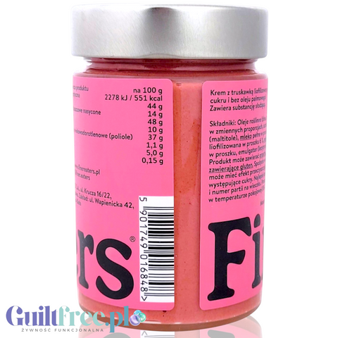 Guiltfree Finer Eaters krem truskawkowy bez cukru w szklanym słoiku z widoczną etykietą i składem produktu