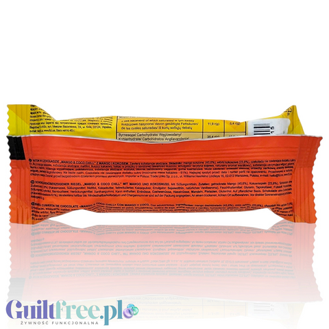 Guiltfree baton proteinowy Fizi Mango & Coco Chill w opakowaniu z informacjami o składzie i wartościach odżywczych