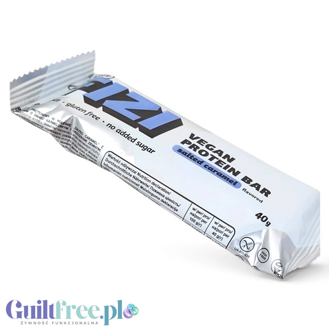 Wegański baton białkowy FIZI Salted Caramel z orzeszkami w polewie kakaowej, dostępny w sklepie Guiltfree.
