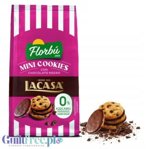Guiltfree Florbu Lacasa mini ciasteczka z kawałkami czekolady i ciemną polewą bez dodatku cukru w różowym opakowaniu