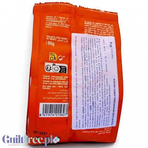 Tył pomarańczowego opakowania ciastek Guiltfree Florbu Mini Digestive z informacjami o składzie i wartościach