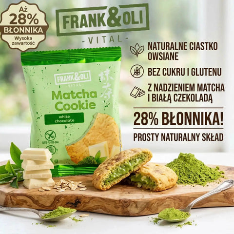 Guiltfree ciastko owsiane Frank & Oli Matcha z białą czekoladą, bezglutenowe, bez cukru, z wysoką zawartością błonnika.
