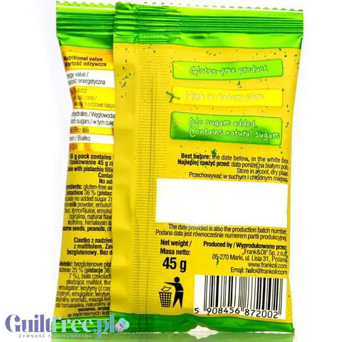Tył opakowania Guiltfree Frank & Oli Vital Pistachio Cookie z informacjami o składzie i wartościach odżywczych