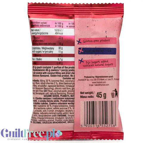Guiltfree ciastko owsiane Frank & Oli Sakura z nadzieniem kokosowo-wiśniowym, tył opakowania z tabelą wartości odżywczych