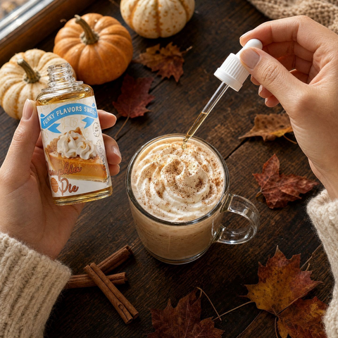 Guiltfree Funky Flavors Sweet Pumpkin Pie aromat w kroplach dodawany pipetą do kawy z bitą śmietaną w jesiennej scenerii
