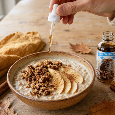 Guiltfree Funky Flavors Sweet Cinnamon Granola dodawany kroplomierzem do miski owsianki z jabłkiem i cynamonem