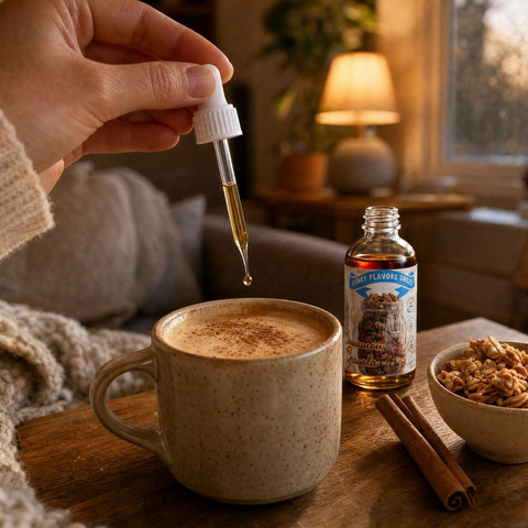 Guiltfree Funky Flavors Sweet Cinnamon Granola krople aromatyzujące dodawane do kawy w przytulnym jesiennym wnętrzu