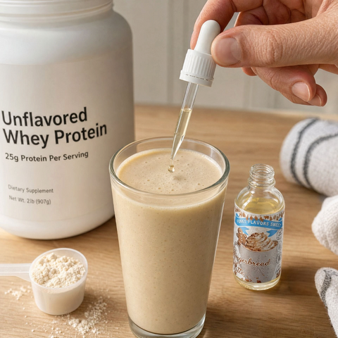 Guiltfree Funky Flavors Sweet Gingerbread Latte aromat w kroplach dodawany do proteinowego shake'a w szklance