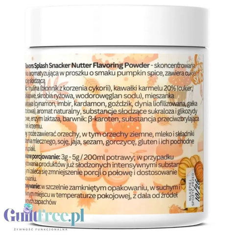 Opakowanie Guiltfree Funky Flavors Splash Pumpkin Spice z etykietą zawierającą skład i opis aromatu w proszku