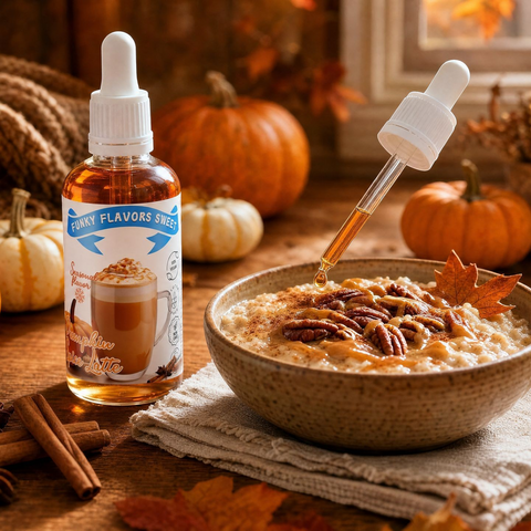 Guiltfree Funky Flavors Sweet Pumpkin Spice Latte kropelki smakowe dodawane do owsianki z orzechami w jesiennym klimacie