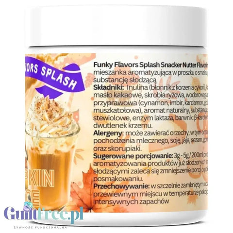 Guiltfree Funky Flavors Splash Pumpkin Spice w proszku w białym opakowaniu z grafiką kawy z bitą śmietaną