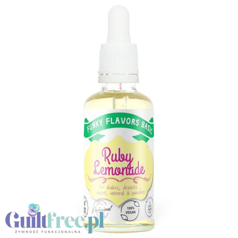 Aromat Guiltfree Funky Flavors Basic Ruby Lemonade w szklanej butelce z kroplomierzem, bez cukru i tłuszczu.