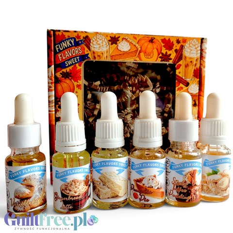 Zestaw Guiltfree Funky Flavors Sweet Jesienne Otulenie z sześcioma buteleczkami aromatów spożywczych bez kalorii.