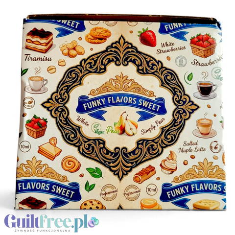 Zestaw aromatów spożywczych Guiltfree Funky Flavors Sweet w ozdobnym pudełku z ilustracjami deserów i owoców