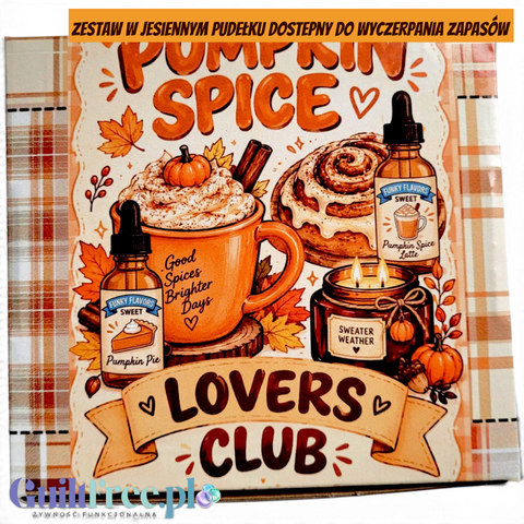 Zestaw aromatów Guiltfree Funky Flavors Sweet w jesiennym opakowaniu z grafiką dyni, cynamonu i kawy latte.