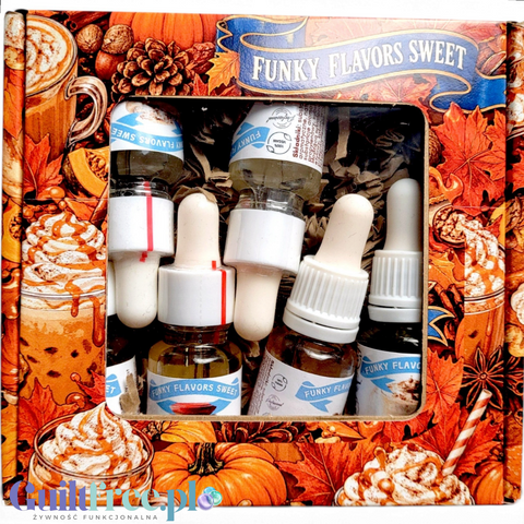 Zestaw 6 aromatów Funky Flavors Sweet Mów do mnie szeptem w jesiennym opakowaniu z motywem korzennych napojów i liści