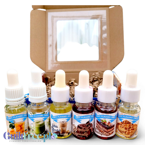 Zestaw 6 aromatów Funky Flavors Sweet od Guiltfree w buteleczkach 10ml z pudełkiem, smaki deserowe i owocowe.
