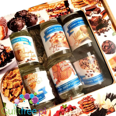 Zestaw 6 aromatów spożywczych Guiltfree Funky Flavors Sweet w buteleczkach 10ml z różnymi smakami deserowymi