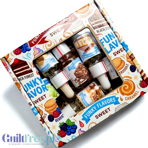 Zestaw sześciu słodkich aromatów Guiltfree Funky Flavors Sweet w ozdobnym pudełku z deserowymi grafikami.
