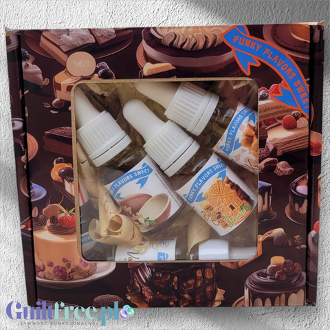 Zestaw testerów aromatów Funky Flavors Sweet Guiltfree w ozdobnym pudełku z pięcioma buteleczkami słodzików stewia.