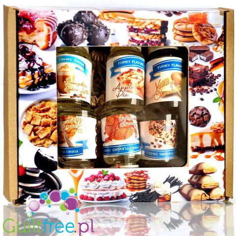 Zestaw testerski Guiltfree Funky Flavors Sweet z sześcioma skoncentrowanymi aromatami spożywczymi w pudełku