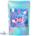 Opakowanie błękitnej galaretki bez cukru Funky Jelly o smaku gumy balonowej marki Guiltfree w saszetce typu doypack.