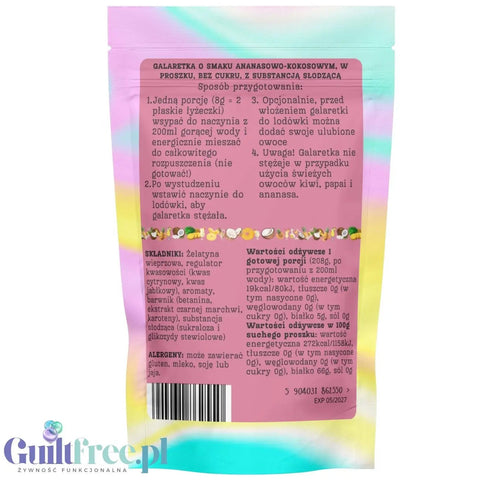 Tylna strona opakowania galaretki Guiltfree Funky Jelly Pina Colada z informacjami o przygotowaniu i składzie.