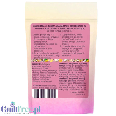 Tylna strona opakowania galaretki Guiltfree Funky Jelly Pina Colada z instrukcją przygotowania i tabelą wartości