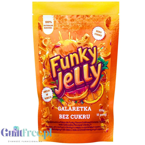 Pomarańczowa galaretka bez cukru Funky Jelly w opakowaniu typu doypack z grafiką soczystych owoców