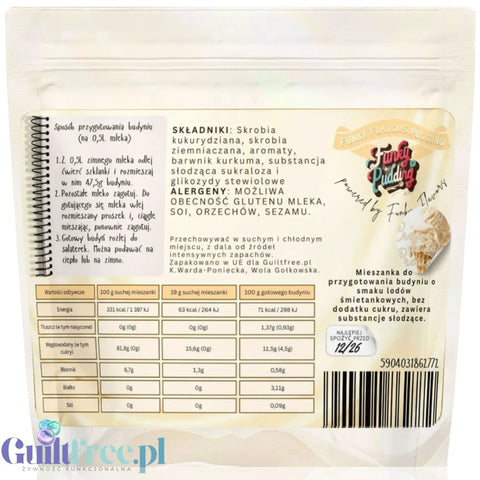 Tył opakowania budyniu bez cukru Funky Pudding Creme de la Creme o smaku lodów śmietankowych z tabelą wartości odżywczych
