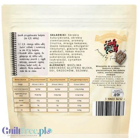 Tylna strona opakowania budyniu Guiltfree Funky Pudding Gingerbread z tabelą wartości odżywczych i składem produktu.